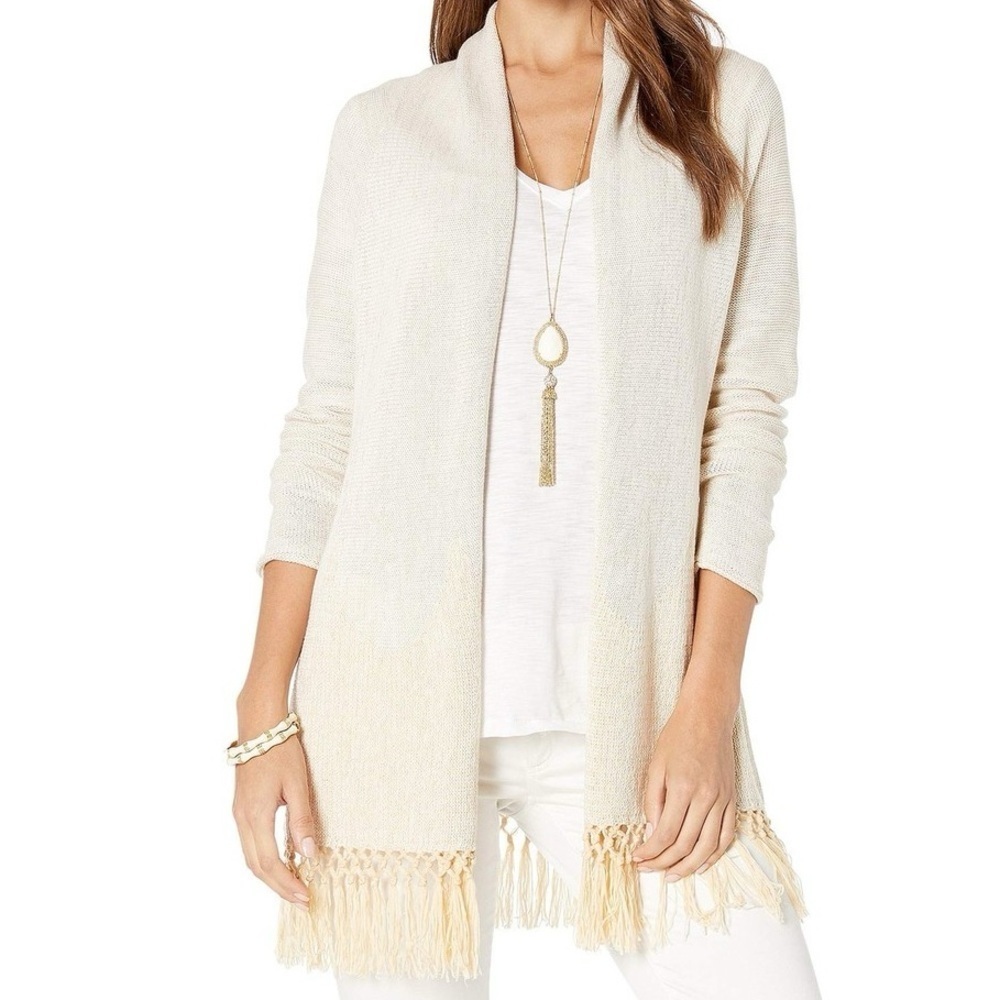 Lilly Pulitzer Tatum Long Fringe Hem Open Cardigan Sweater Gold Metallic Size XS - Picture 13 of 13